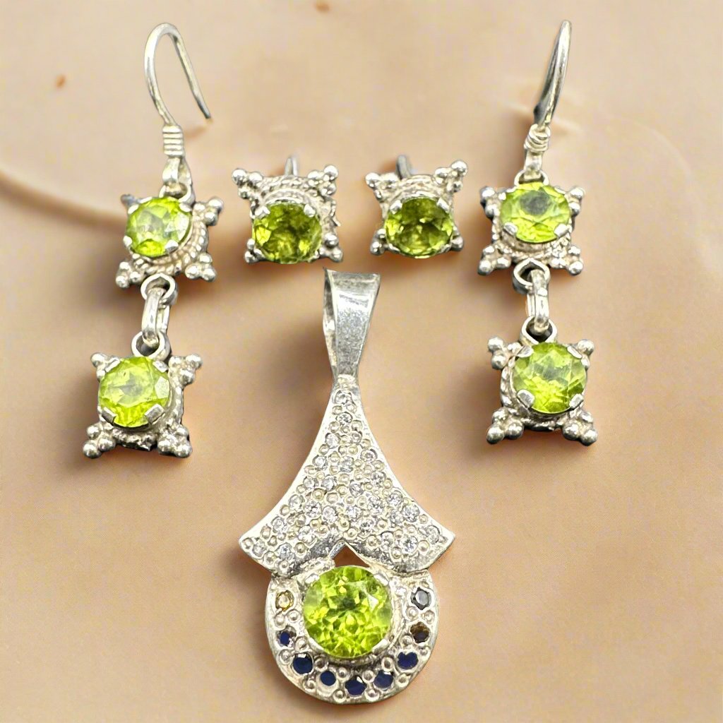 Peridot jewelry full set earring 1 set tops 1 set 1 pendent Silver sterling