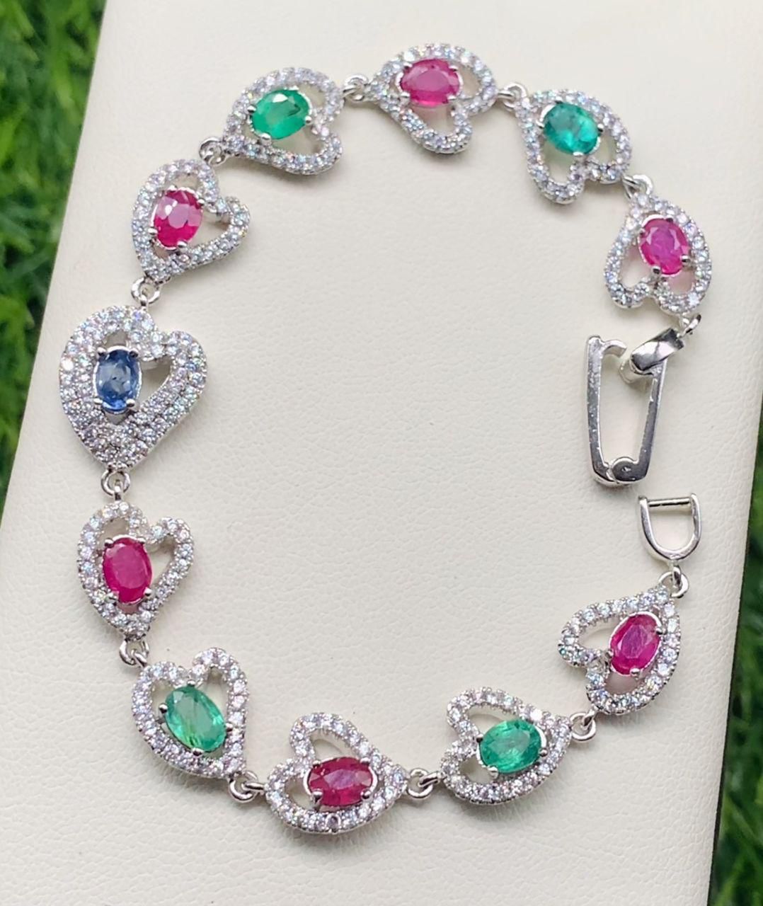 Astonishing faceted Natural Ruby , emerald and sapphire &nbsp;bracelet with rhodium polish